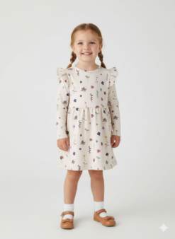 Name it vaikiška laisvalaikio suknelė ilgomis rankovėmis "Kreminė gėlėta"