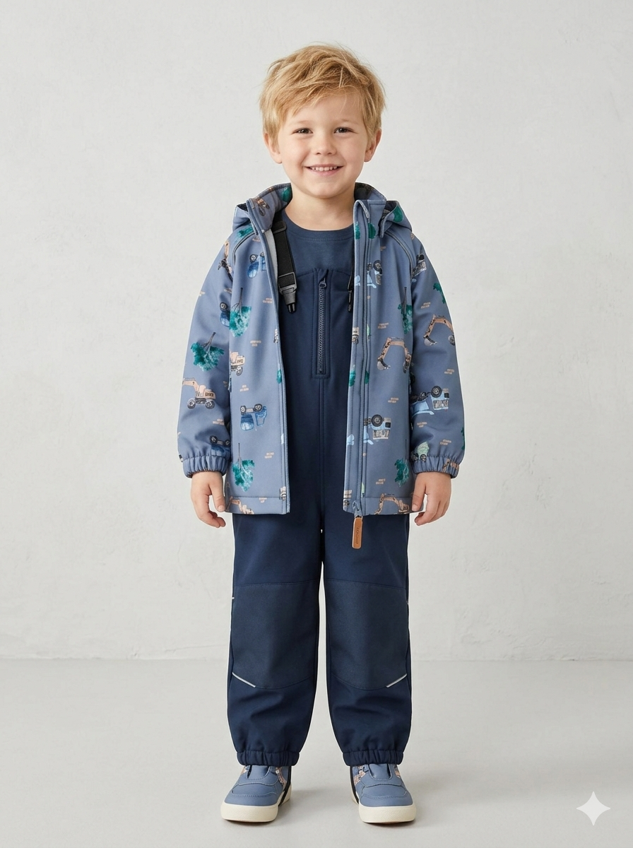 Name it softshell vaikiškas kelnių ir striukės komplektas "Mėlynas transportas"
